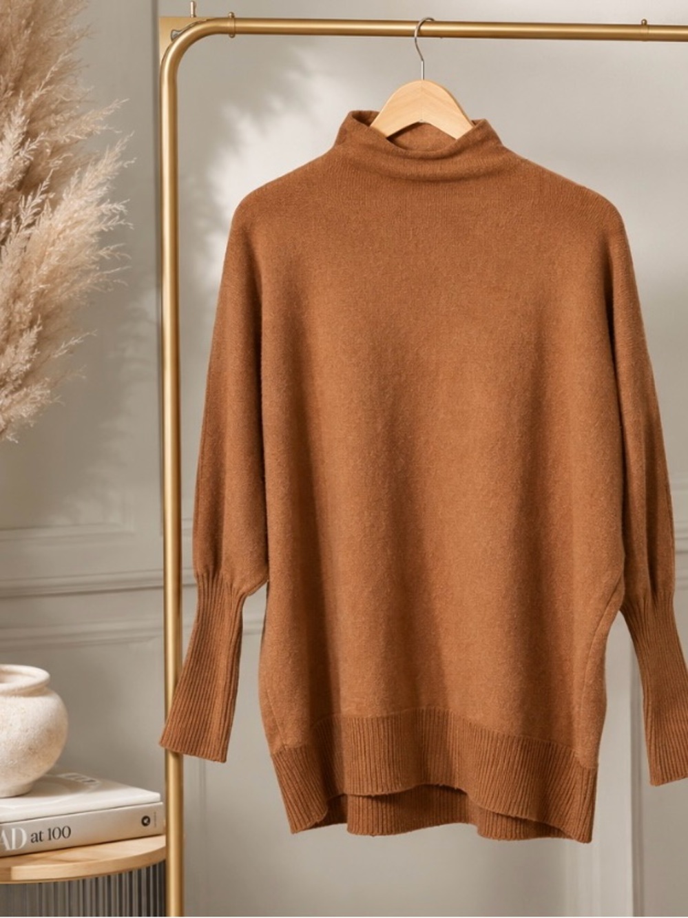 Tre Vortice 100% Extra Fine Merino Wool Camel Batwing Mock Neck Sweater M/L 0058